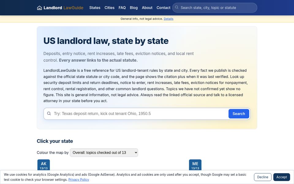 Screenshot of the landlordlawguide.com homepage